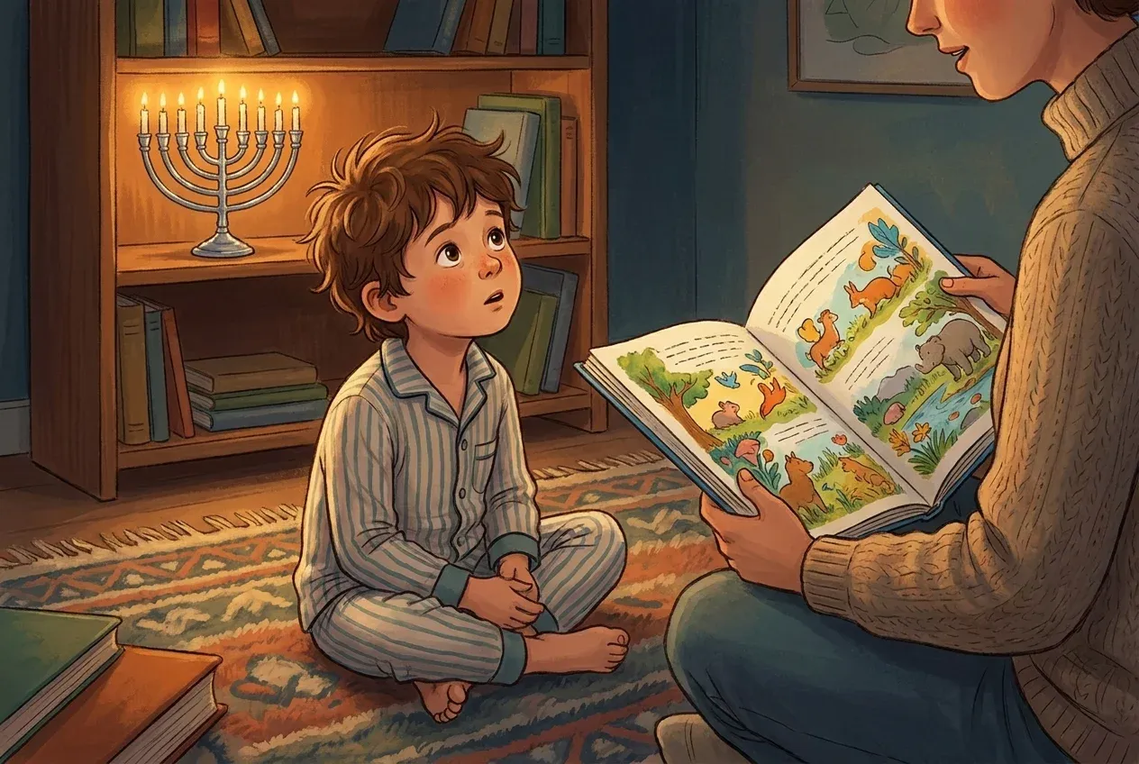 A child listening to a Hanukkah picture book read-aloud beside a glowing menorah