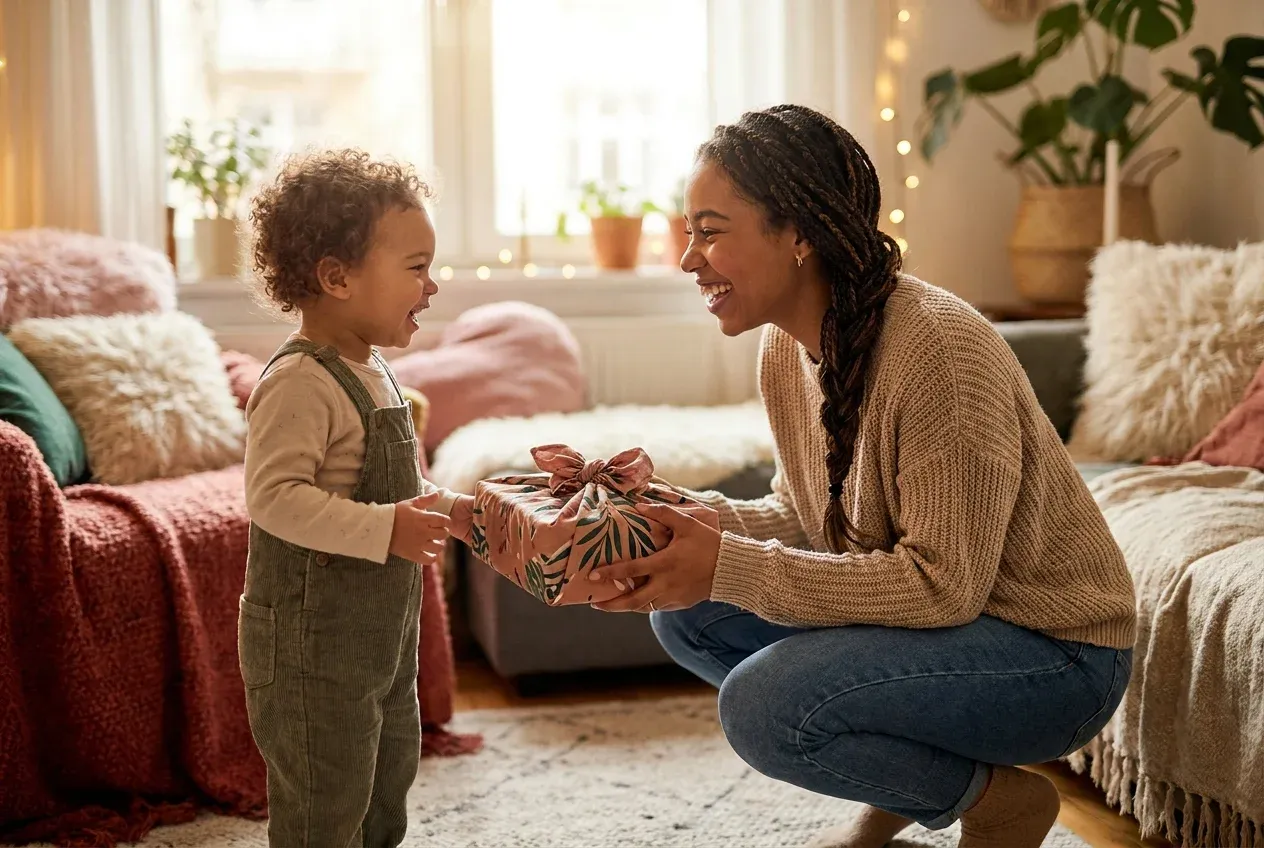 Aunt giving a wrapped birthday gift to her excited young niece — gifts for nieces and nephews