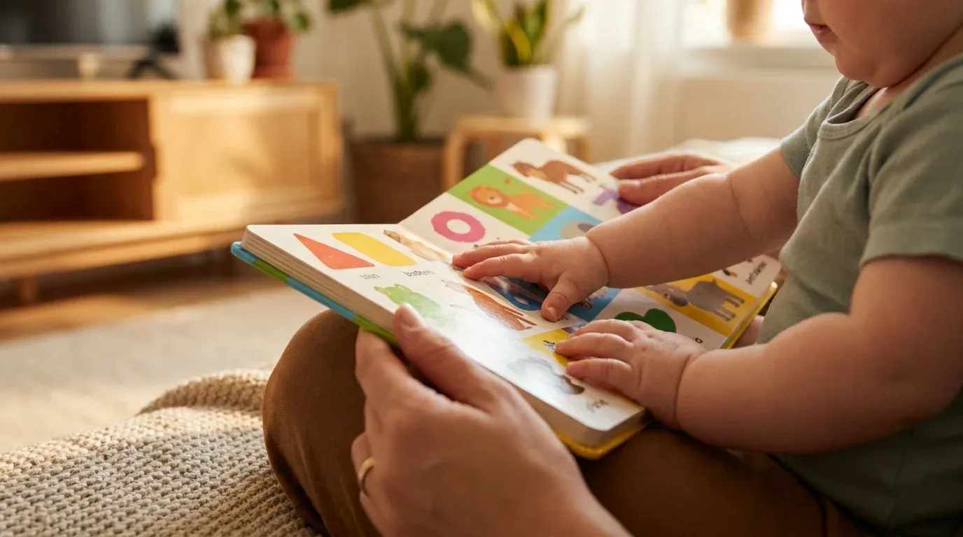 Baby reaching toward a colorful board book held open by a parent's hands