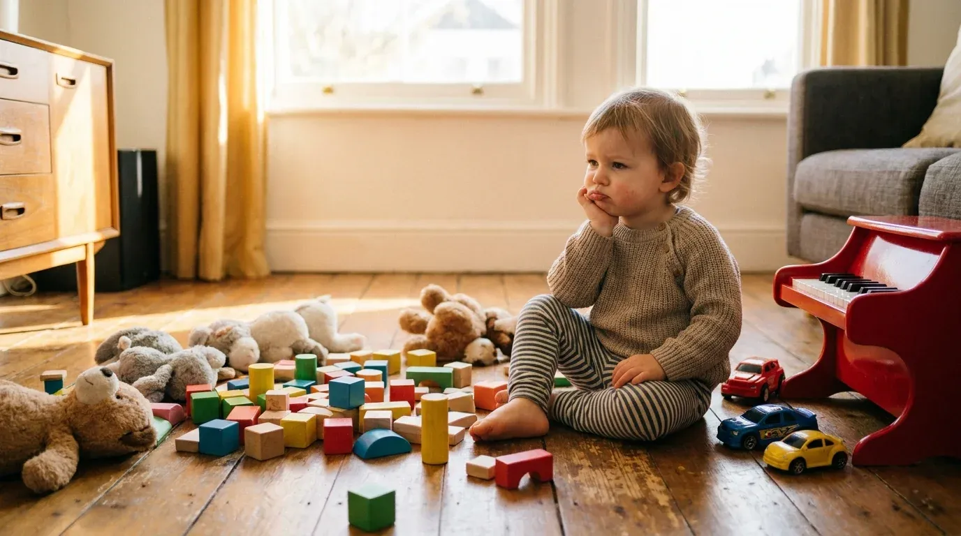 Bored toddler sitting among pile of toys with nothing new to play with — gifts for toddlers that have everything