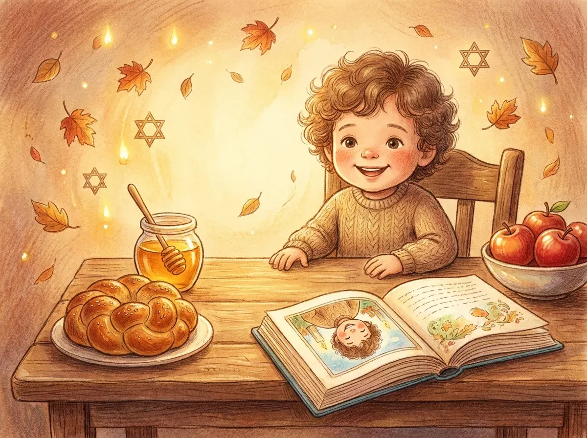 Child at a Rosh Hashanah table with apples, honey and a personalized storybook — a meaningful Jewish new year gift for kids