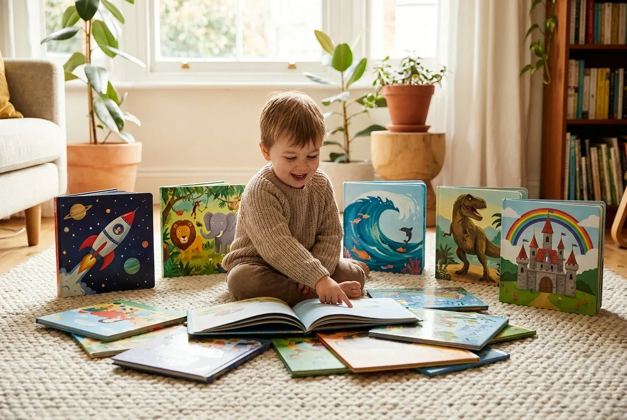 Child choosing between colorful personalized book themes including space, jungle, ocean, and fantasy