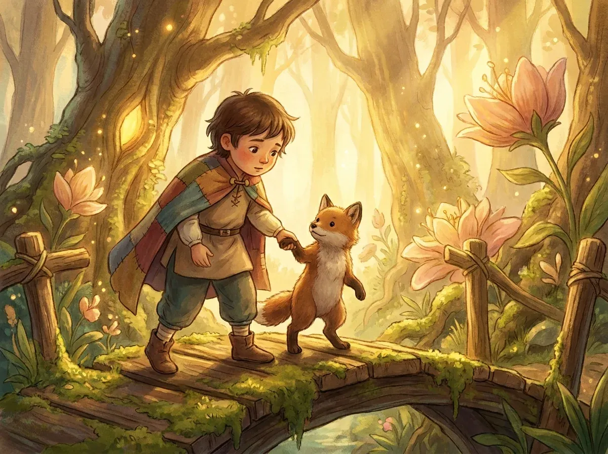 Child hero in a storybook helping a small animal character, illustrating empathy through perspective-taking in stories