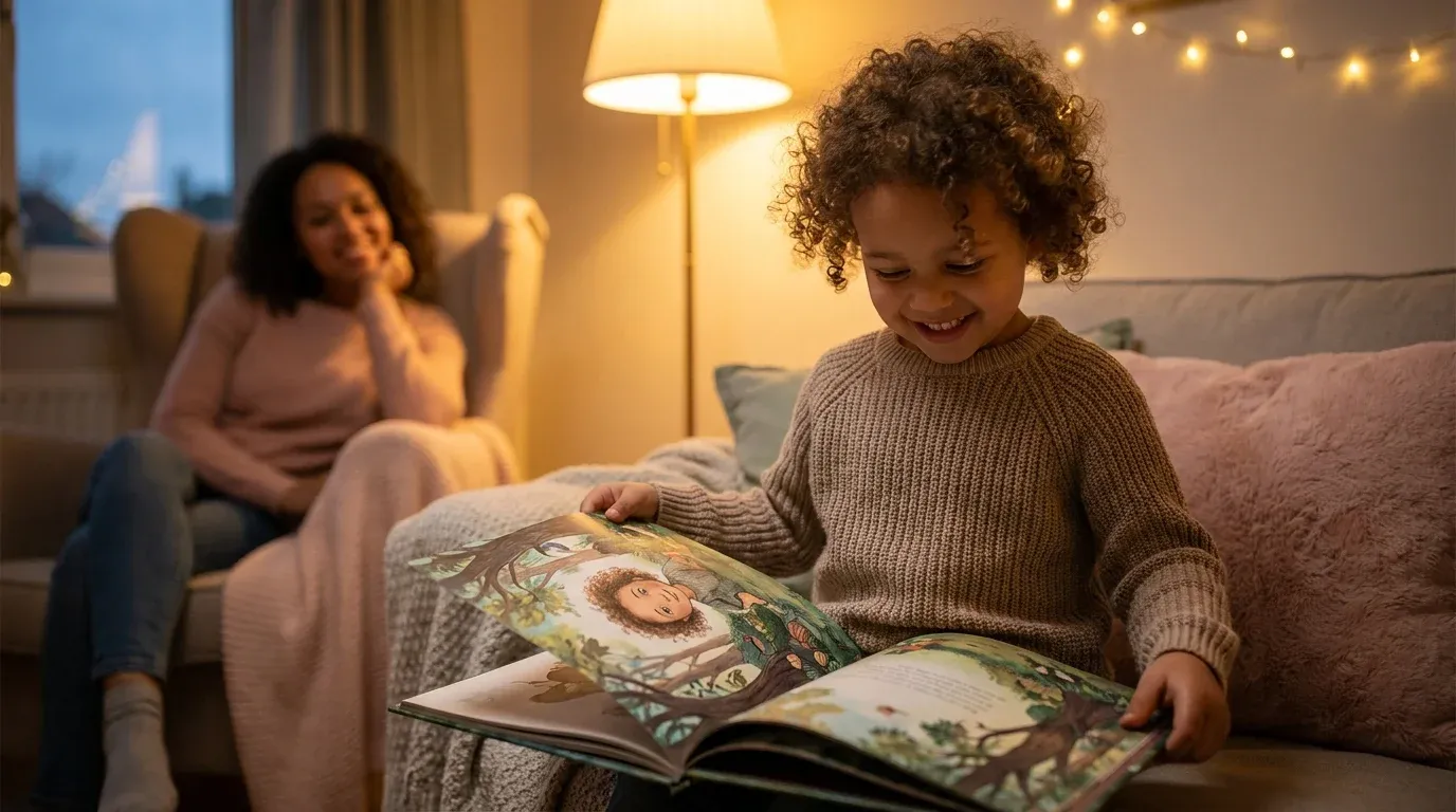 Child holding a personalized storybook where their own face appears in the illustration — a gift no kid can already own