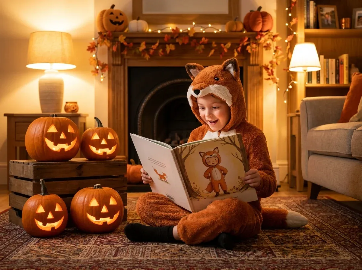 Child in Halloween costume reading a personalized storybook featuring their own face in every illustration