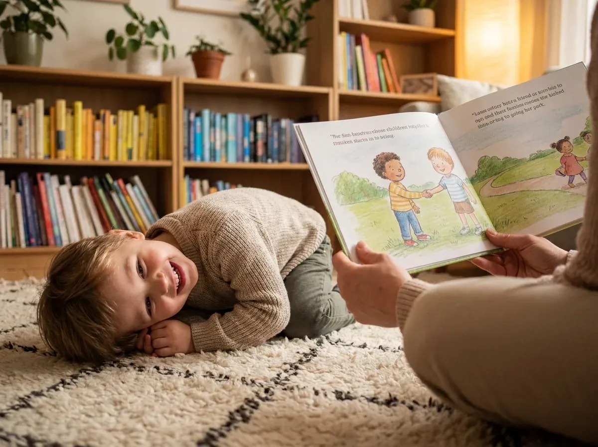 Child listening to a personalized storybook showing a character making a new friend — friendship scripts for kids through stories