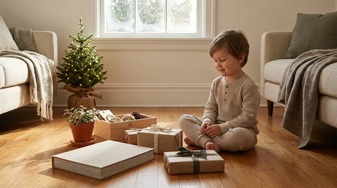 Child on Christmas morning with a few clutter-free non-toy gifts including a personalized storybook