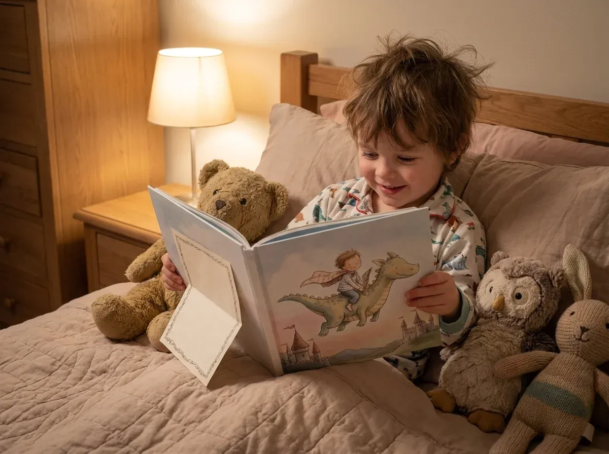 Child reading a personalized bedtime storybook with a grandparent's handwritten note tucked inside