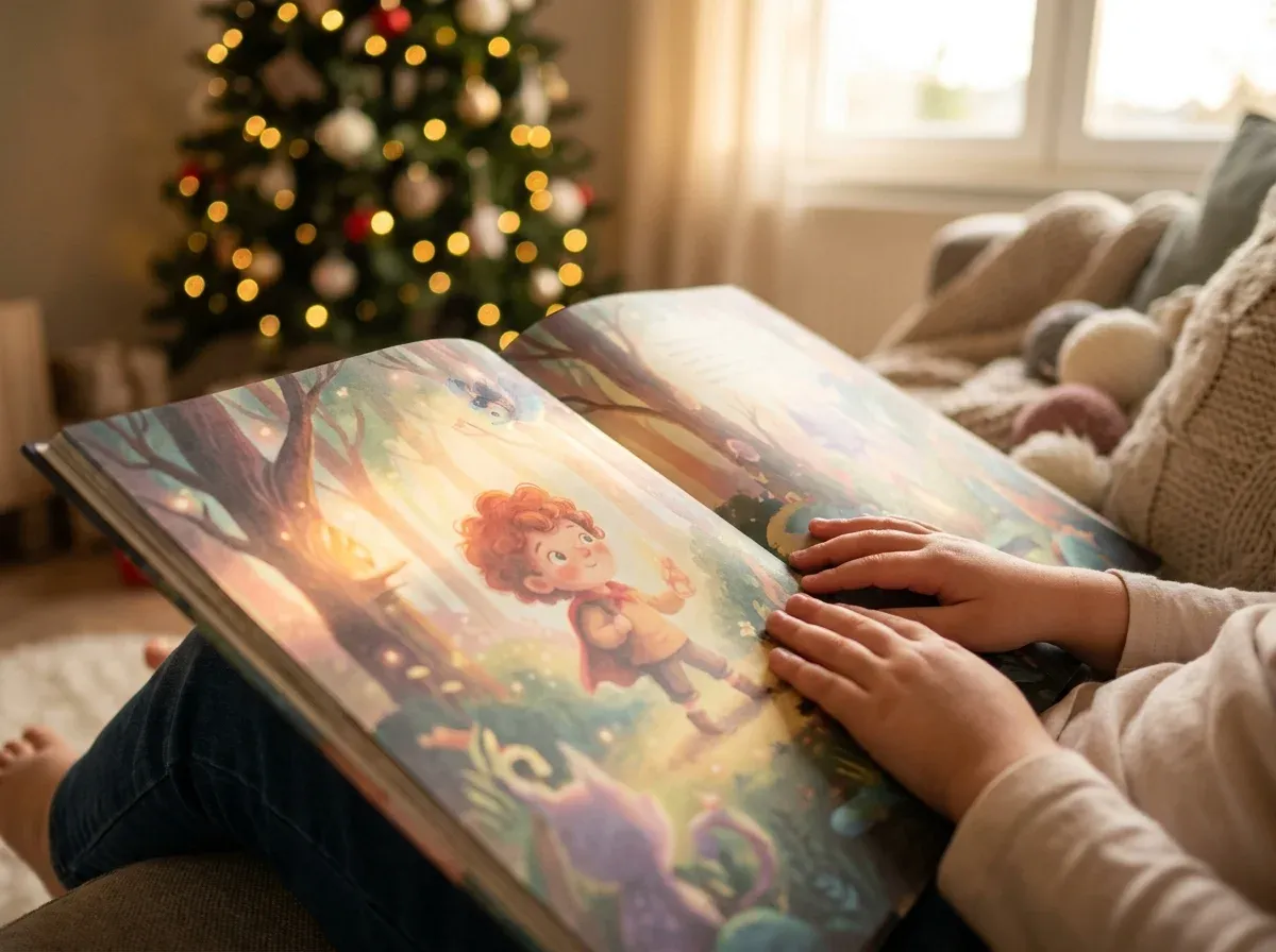 Child's personalized holiday book open to illustrated adventure page, a yearly holiday tradition keepsake
