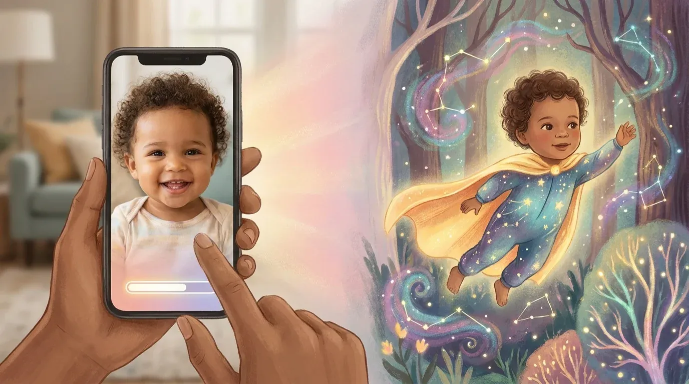 Child's real photo transforming into a personalized storybook illustration — children's book with your child's photo
