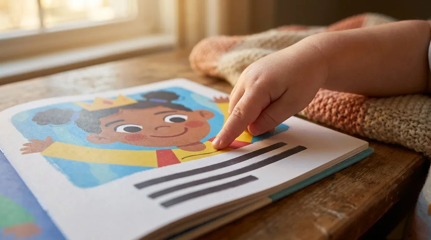 Child tracing words on a personalized book page where their illustrated face appears as the story hero