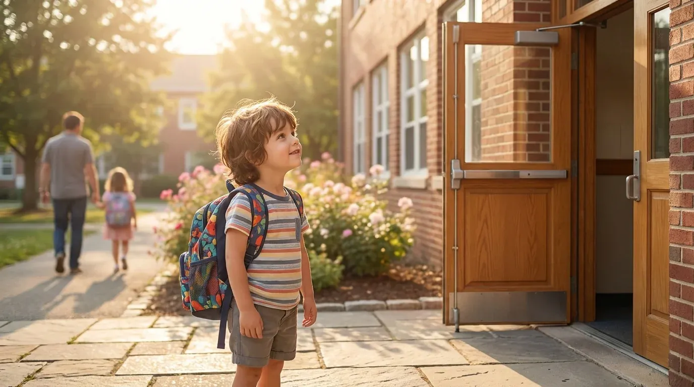 Child with backpack on first day of kindergarten, standing at school entrance on a sunny morning