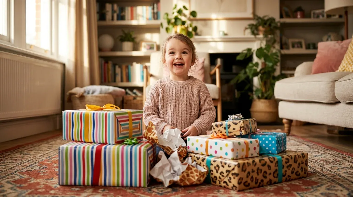 Excited 3-year-old child surrounded by birthday gifts and colorful wrapping paper