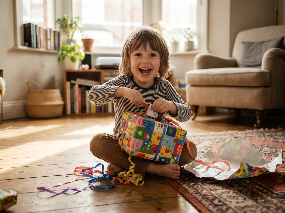 Excited 4-year-old child opening a colorful birthday gift on the living room floor