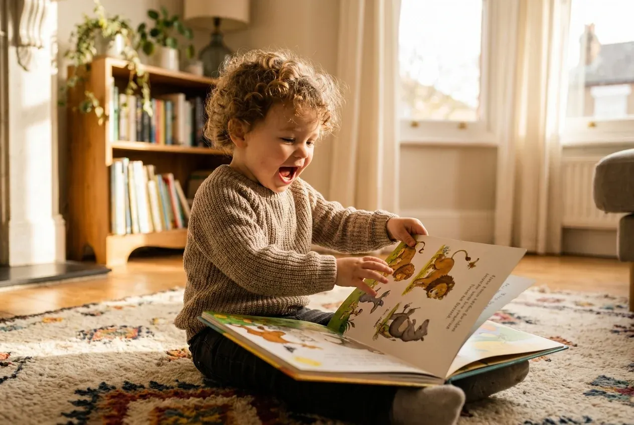 Excited toddler turning book pages with a big smile, discovering the joy of reading at home