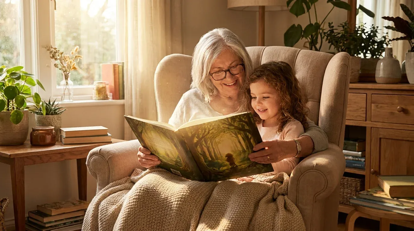 Grandmother and granddaughter reading a personalized storybook together on a cozy armchair