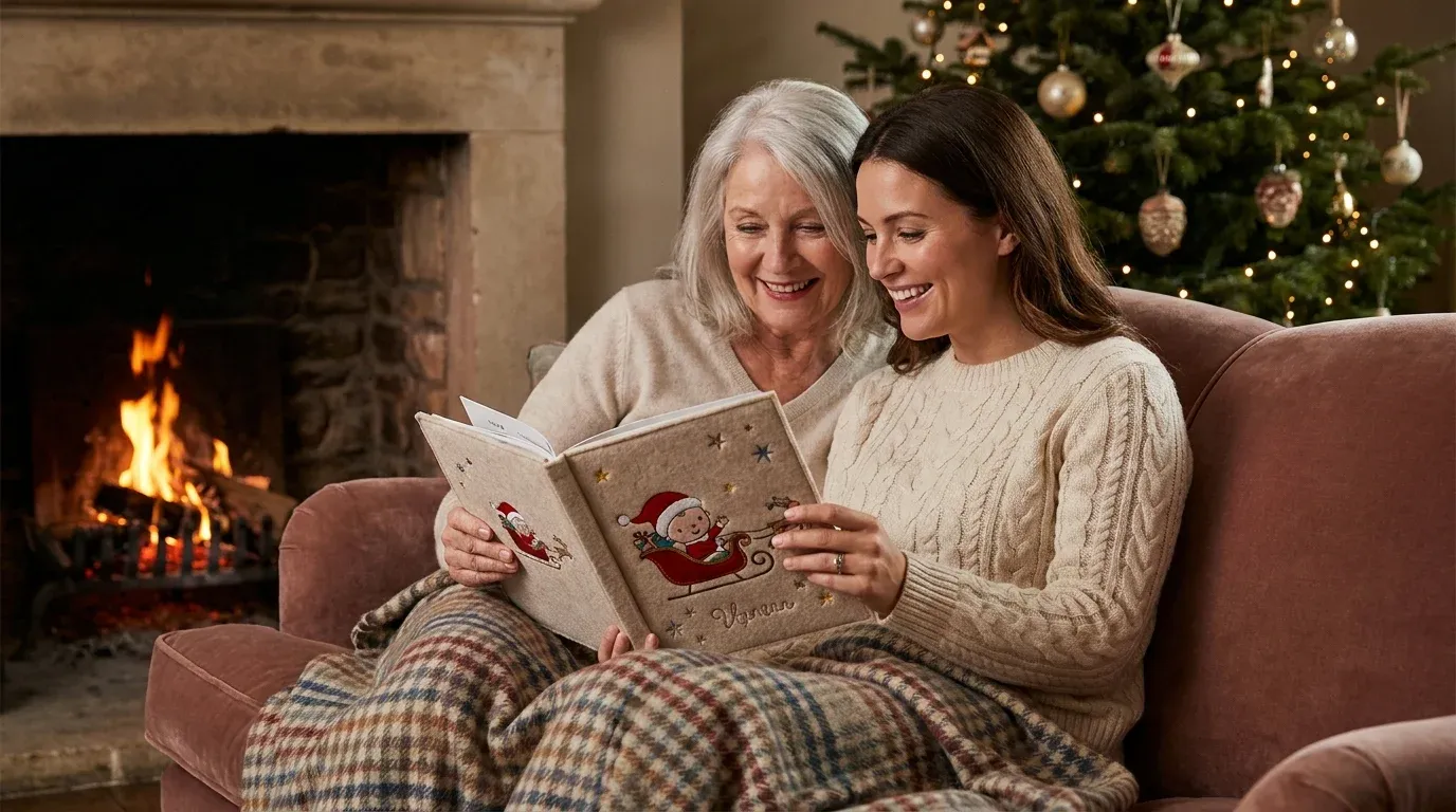 Grandmother and parent reading a personalized first Christmas storybook together by the fireplace
