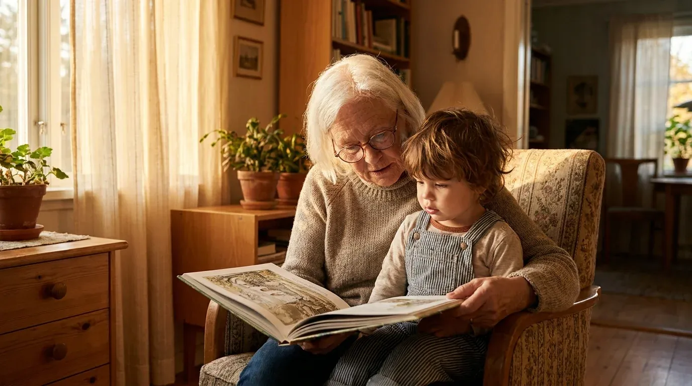 Grandmother and young grandchild reading a personalized children's book together in a cozy armchair