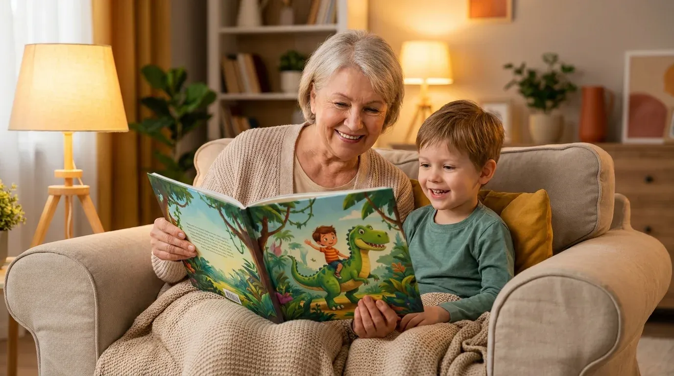 Grandmother reading a personalized adventure storybook to her grandson, both smiling with joy