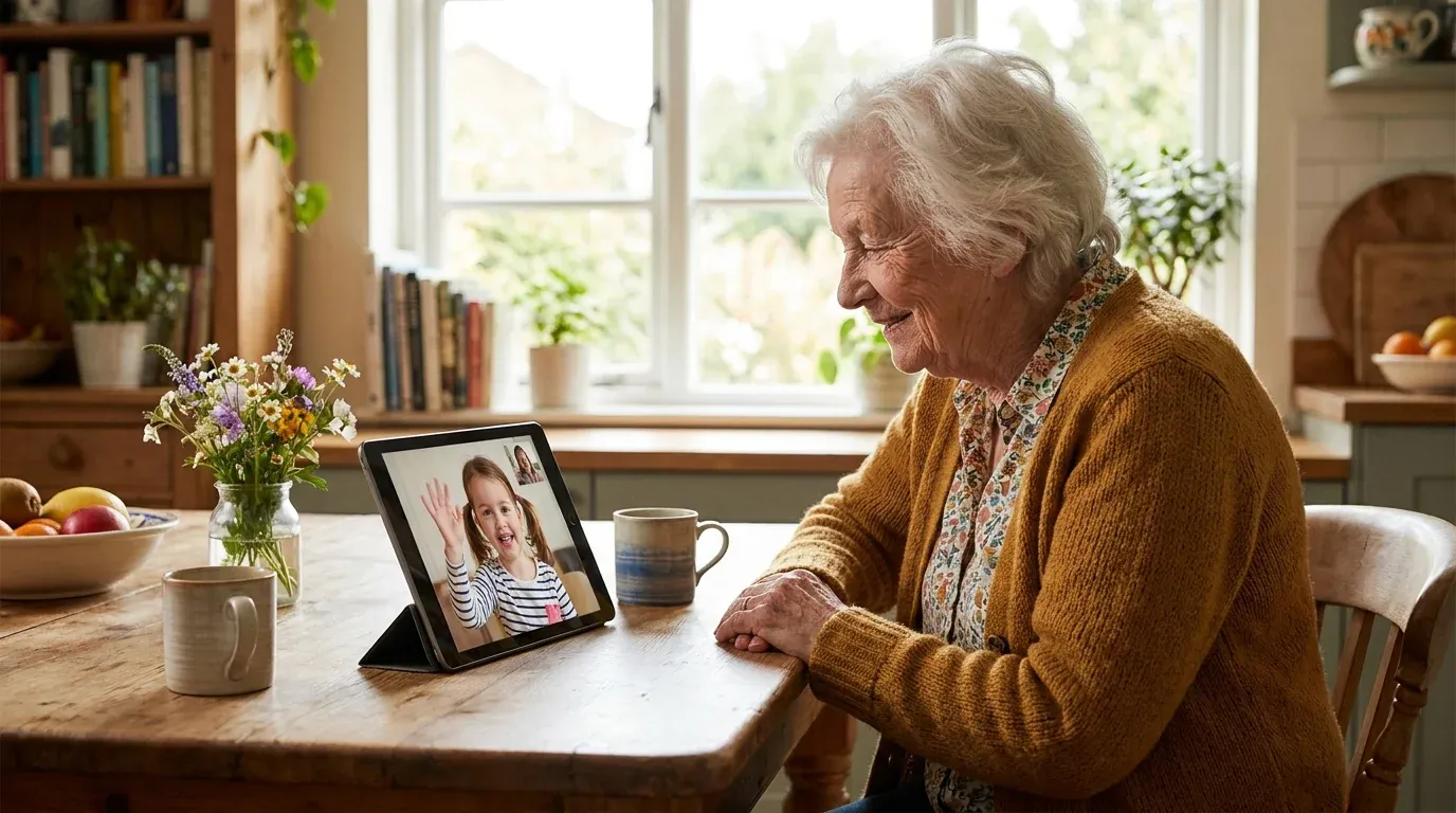 Grandmother video calling her granddaughter — a warm long-distance grandparent moment