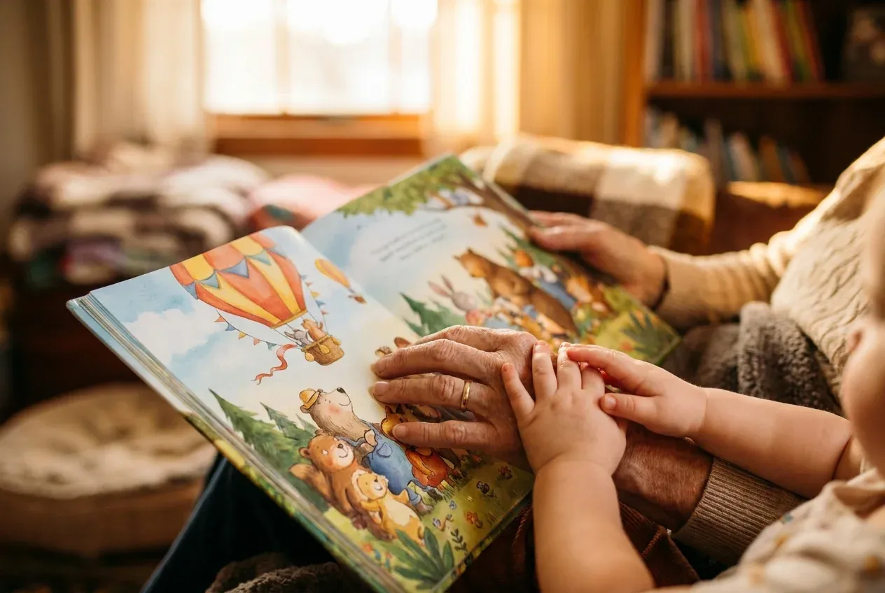 Grandparent and grandchild hands holding a personalized children's book — a meaningful Grandparents Day gift