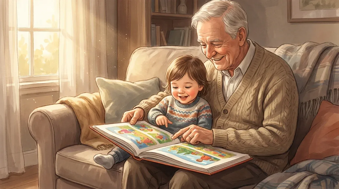 Grandparent and kindergarten-age child reading a personalized storybook together on a cozy sofa