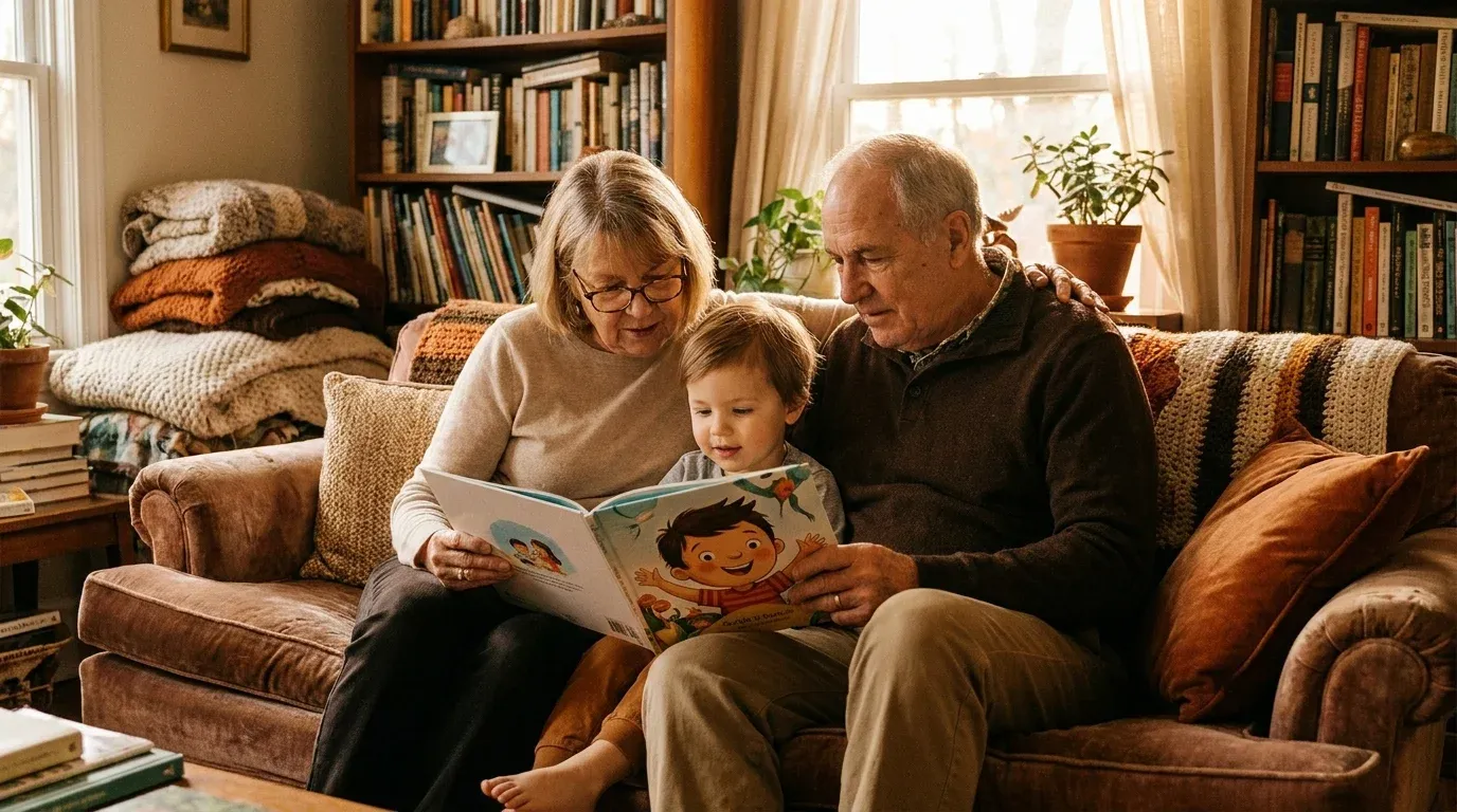 Grandparents reading a personalized storybook with their grandchild on Grandparents Day