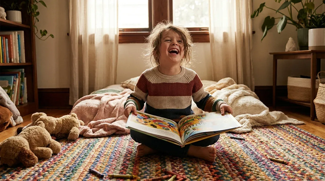 Happy child laughing while reading a colorful storybook — educational gifts for kids that are fun
