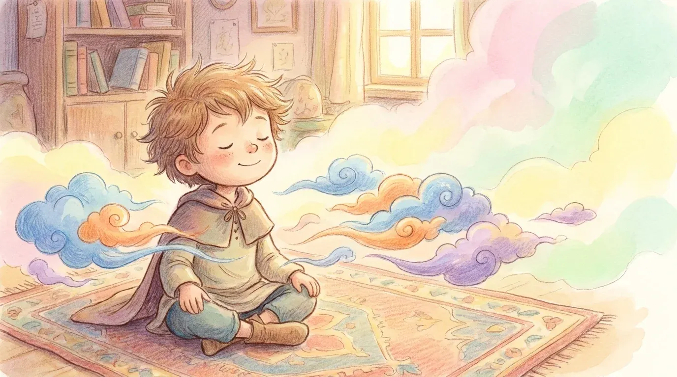 Illustrated child hero calming big emotions in a personalized storybook scene