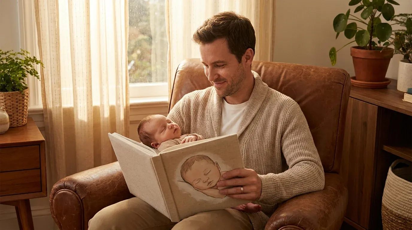 New dad holding a personalized storybook featuring his baby's face on his first Father's Day