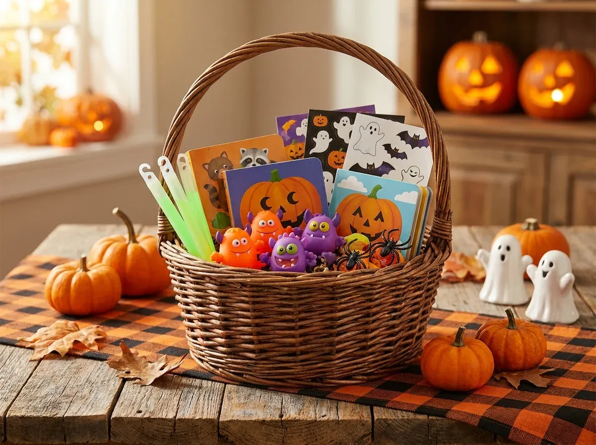 Non-candy Halloween treats basket filled with glow sticks, small toys, and mini books for kids