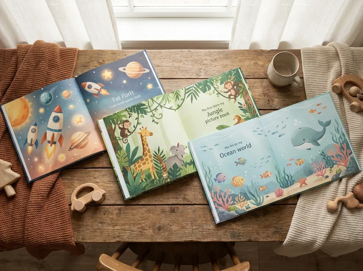 Open personalized children's books spread out showing space, jungle, and ocean story themes side by side