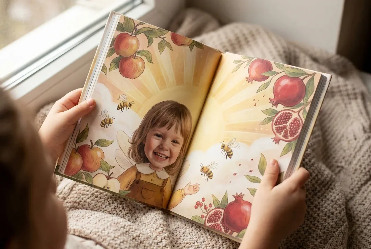Open personalized Rosh Hashanah storybook with a child as the main character, surrounded by apples and honey illustrations