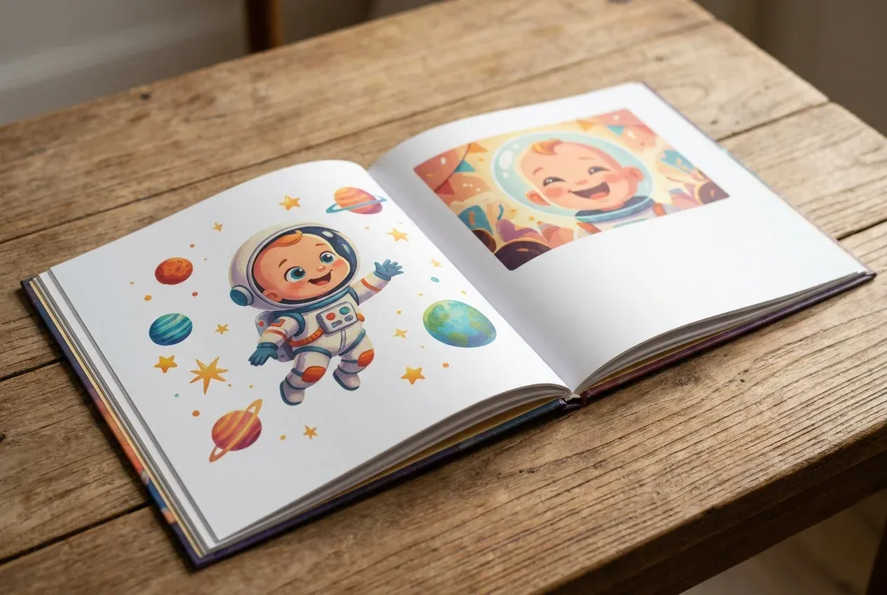 Open personalized storybook showing a baby's real face as the hero in a colorful space adventure illustration