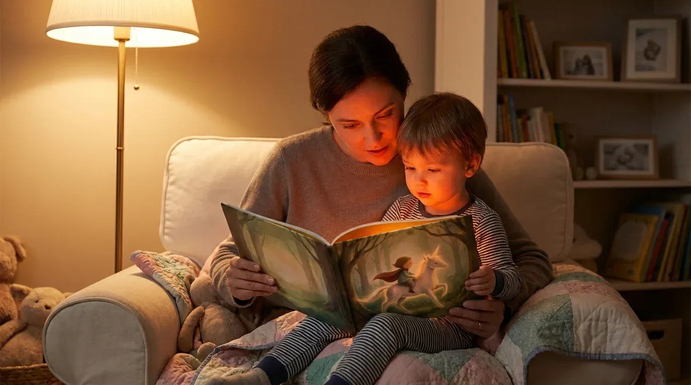 Parent and child reading a brave hero storybook together at bedtime, warm cozy bedroom setting