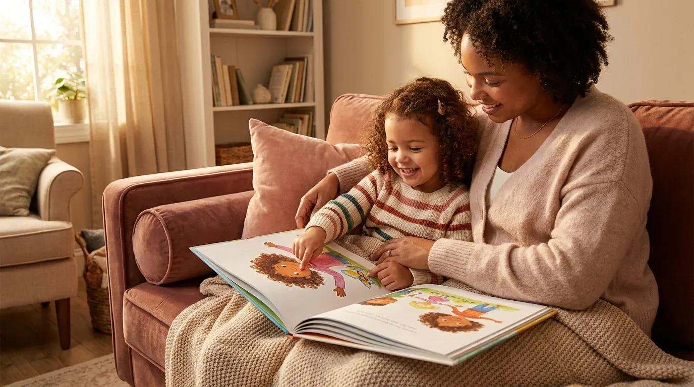 Parent and child reading a personalized storybook together, child pointing at an illustration that looks like them