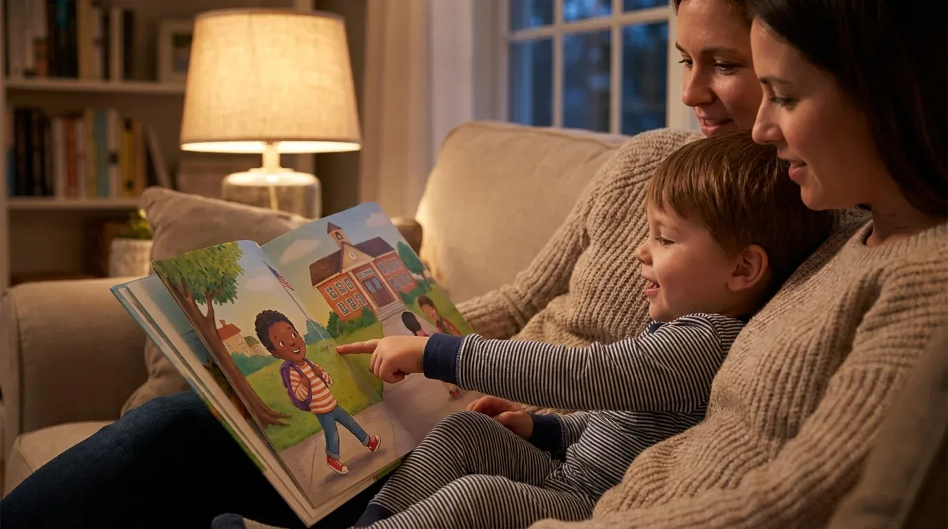 Parent and child reading a personalized storybook together at home, preparing for the first day of school