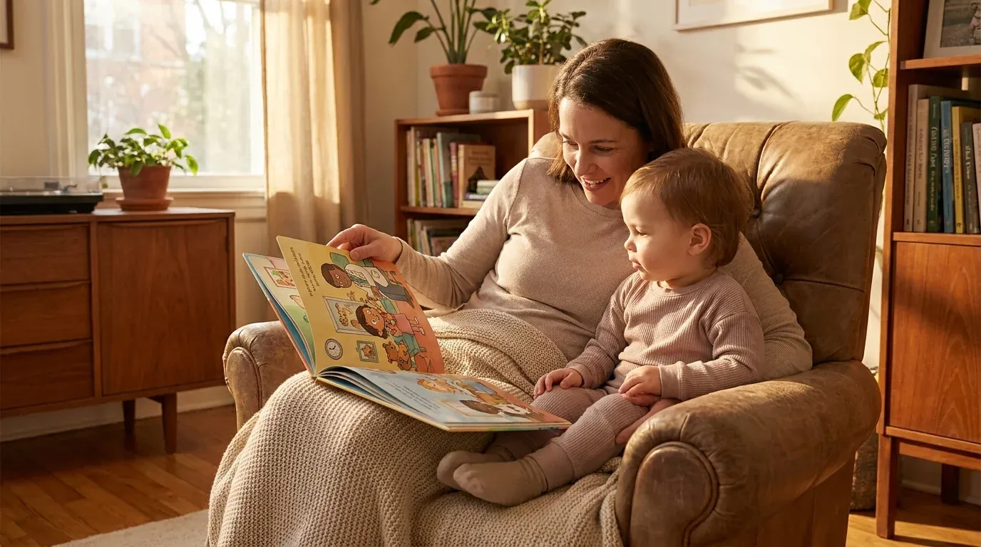 Parent and toddler reading a personalized brave doctor story book together at home before a checkup