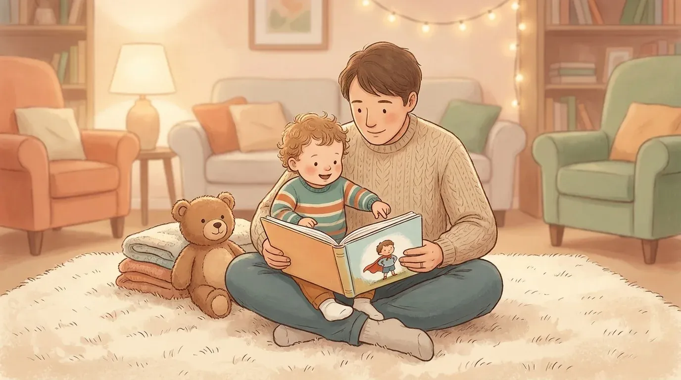 Parent and toddler reading a personalized picture book together before daycare starts, building confidence through story