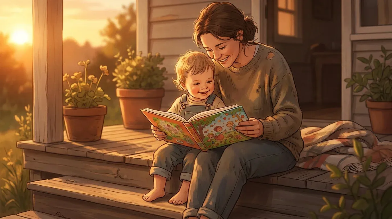 Parent and toddler reading a personalized storybook together on a porch at sunset