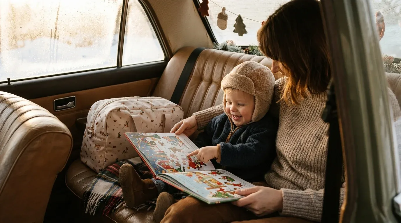 Parent and toddler reading a personalized storybook together in a car during holiday travel