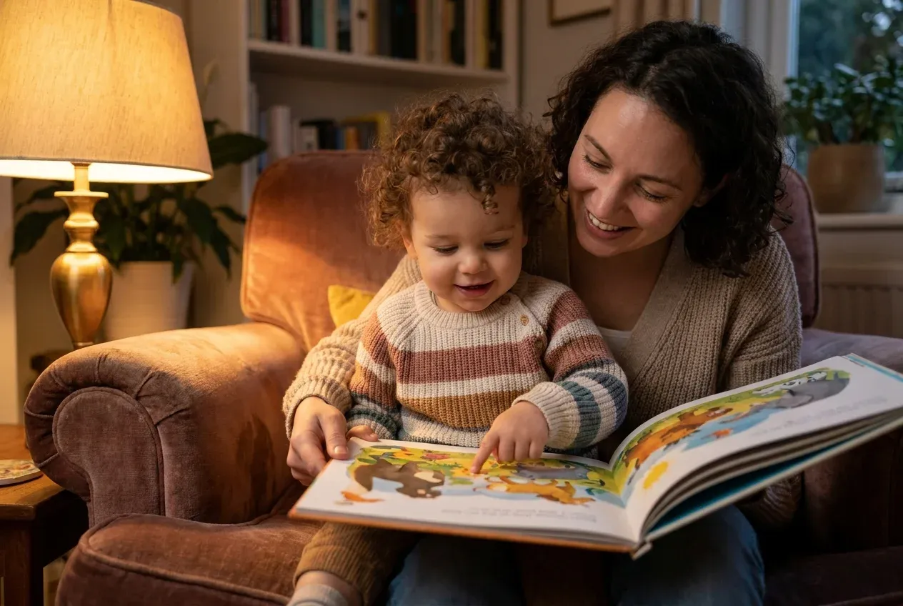 Parent and toddler reading the same picture book together, toddler pointing at illustrations with excitement