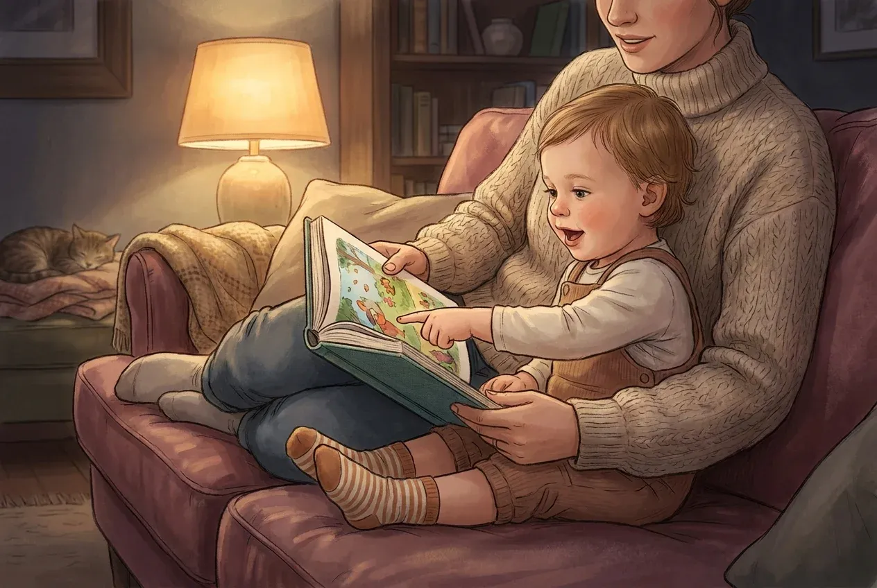 Parent and toddler sharing a storytime moment, toddler pointing at a colorful book illustration with curiosity