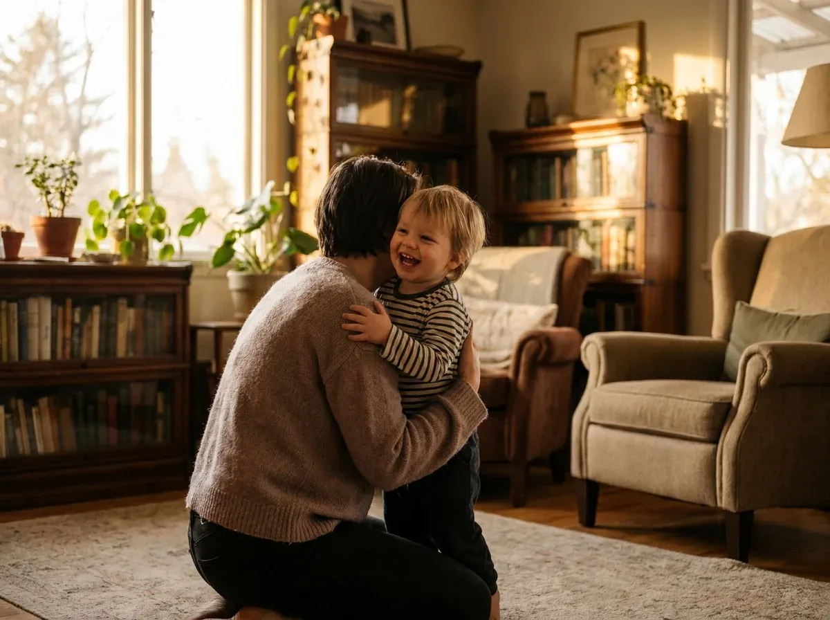 Parent kneeling to hug a young child warmly in a sunlit living room — how to make your child feel special