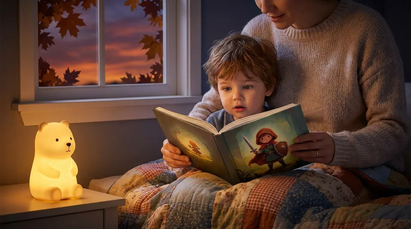 Parent reading a brave bedtime story to a toddler by nightlight as autumn darkness falls outside the window