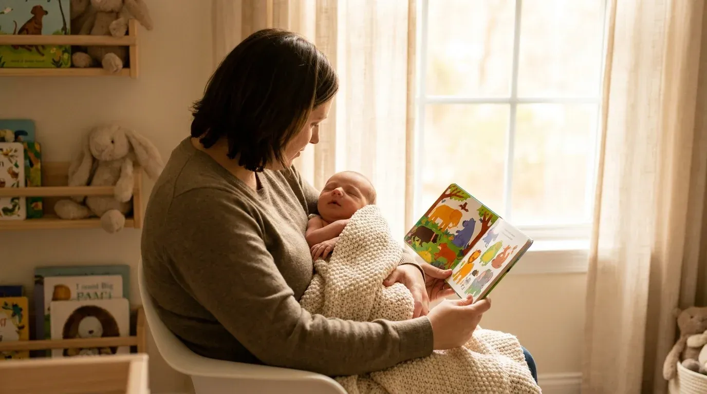 Parent reading a colorful picture book to a newborn baby in a sunlit nursery