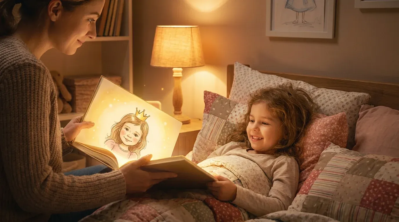 Parent reading a personalized princess fairy-tale book to a young girl, her face in the storybook illustrations