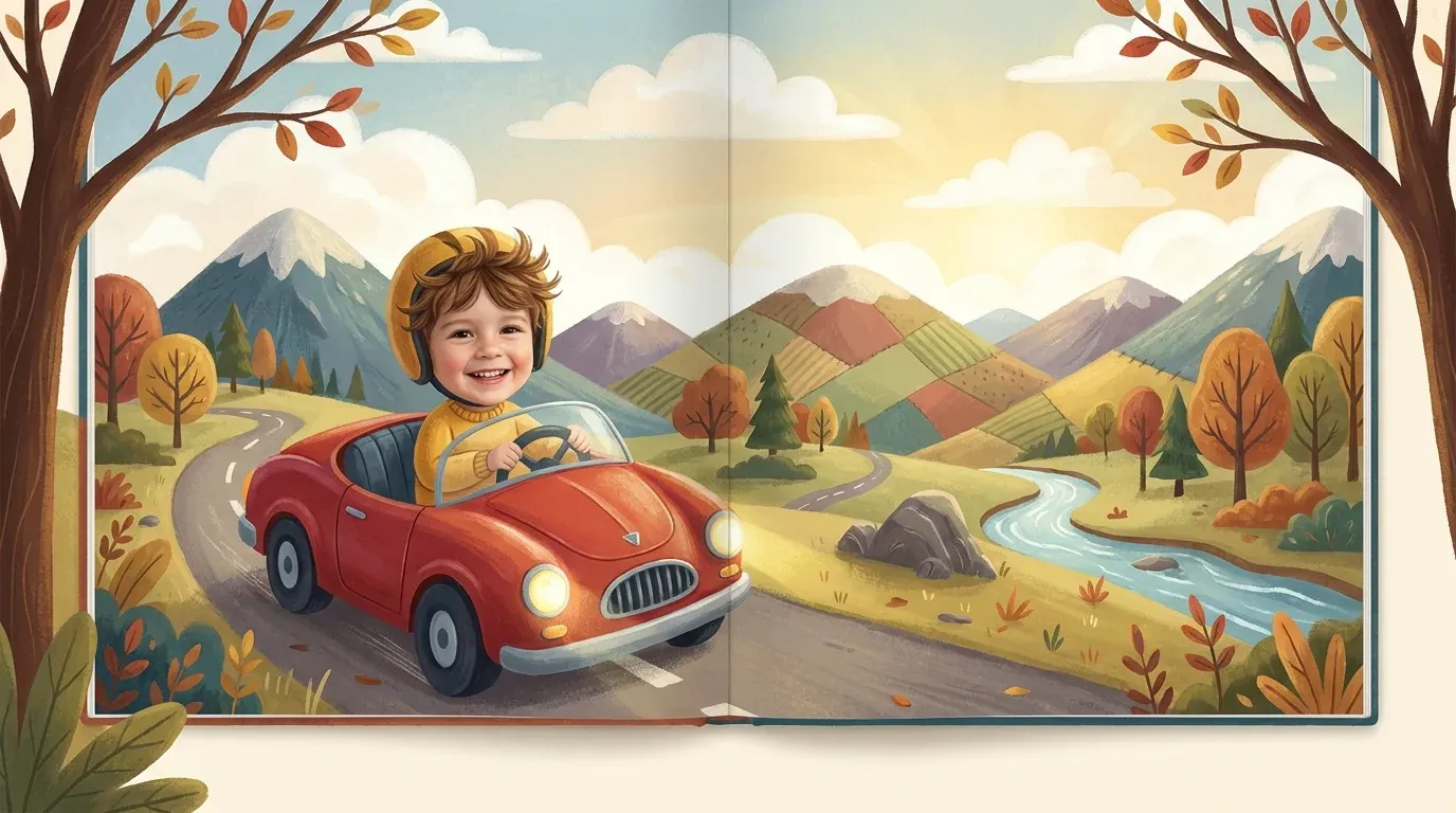 Personalized children's book illustration showing a toddler as the driver of a race car on a storybook adventure