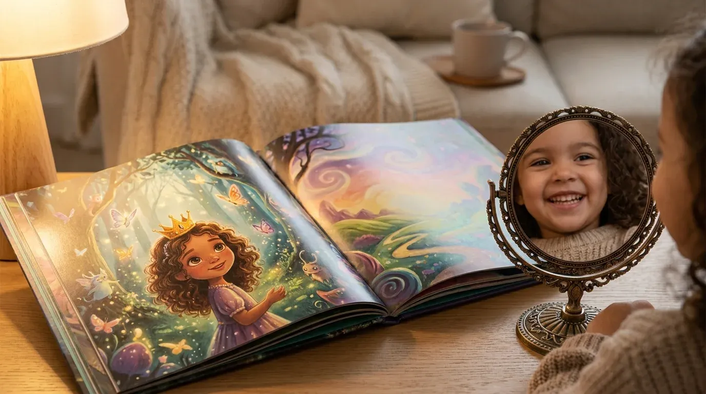 Personalized children's book open showing a granddaughter's face as the story's hero with magical illustrations