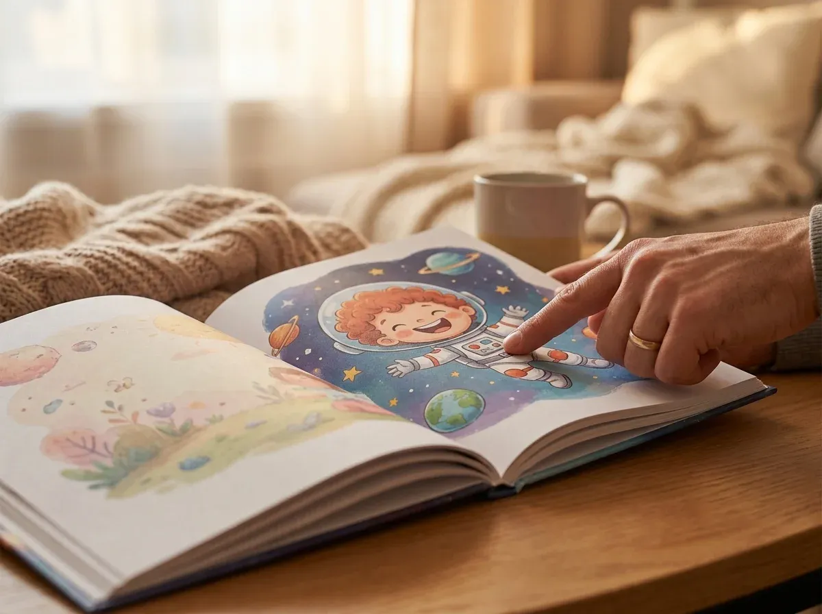 Personalized children's book open to a page where the illustrated hero looks just like the child — face-personalized storybook